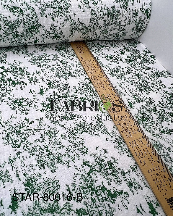 M 105 C2 Муслін жатка 2-х шаровий принт Діор зелений на молочному 100% бавовна 135-140 см 125-135 гр
