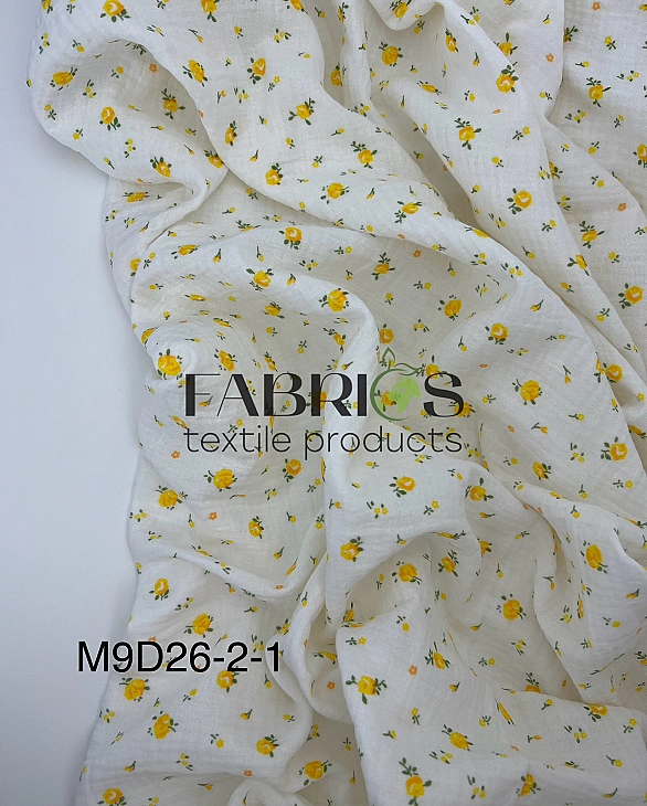 M-9/D-26-2-1 Муслін жатка 2-х шаровий принт квіти троянди жовті дрібні на молочному 100% бавовна 135