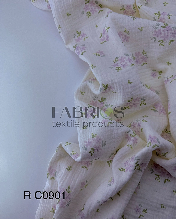 MR C00901 | RAINBOW-C00901 Муслін жатка 2-х шаровий принт квіти бузок на айворі 100% бавовна 135-140