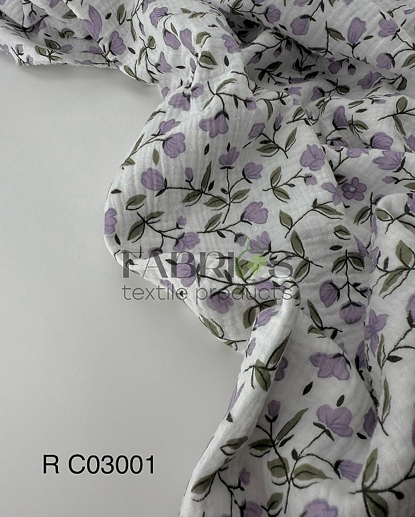MR C03001 | RAINBOW-C03001 Муслін жатка 2-х шаровий принт квіти фіолетові крокуси на білому 100% бав