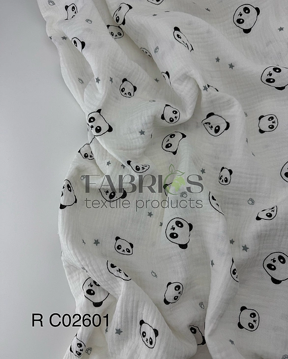 M 2012 C 2 Муслін жатка 2-х шаровий принт звірята пандочки з зірочками на молочному