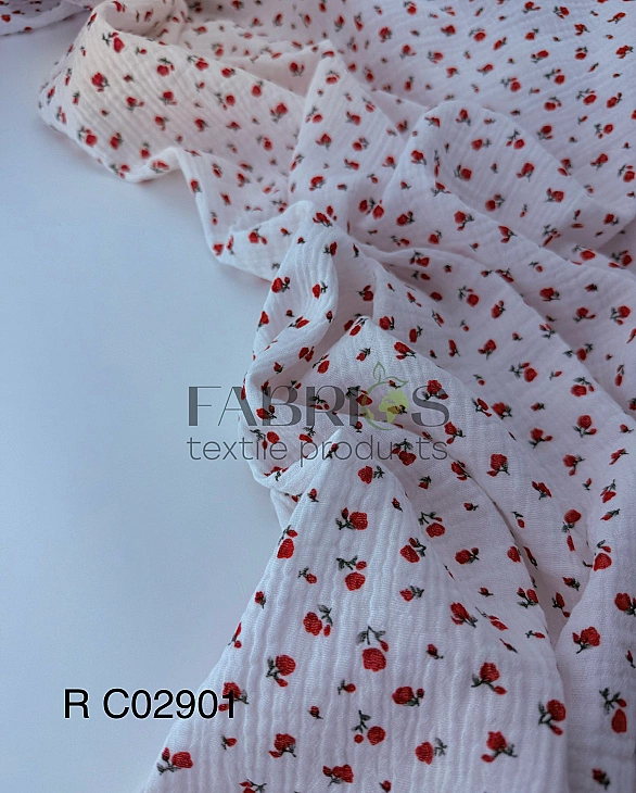 M 5036 C 2 Муслін жатка 2-х шаровий принт квіти троянди червоні дрібні на білому 100