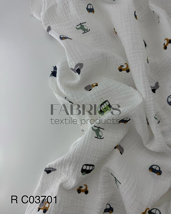 M 2017 C2 Муслін жатка 2-х шаровий принт дитячий машини, автобуси, літаки, мопеди на білому 100% бав