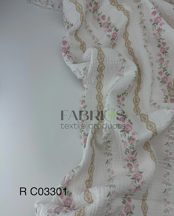 MR C03301 | RAINBOW-C03301 Муслін жатка 2-х шаровий принт квіти троянди рожеві з бежевим візерунком
