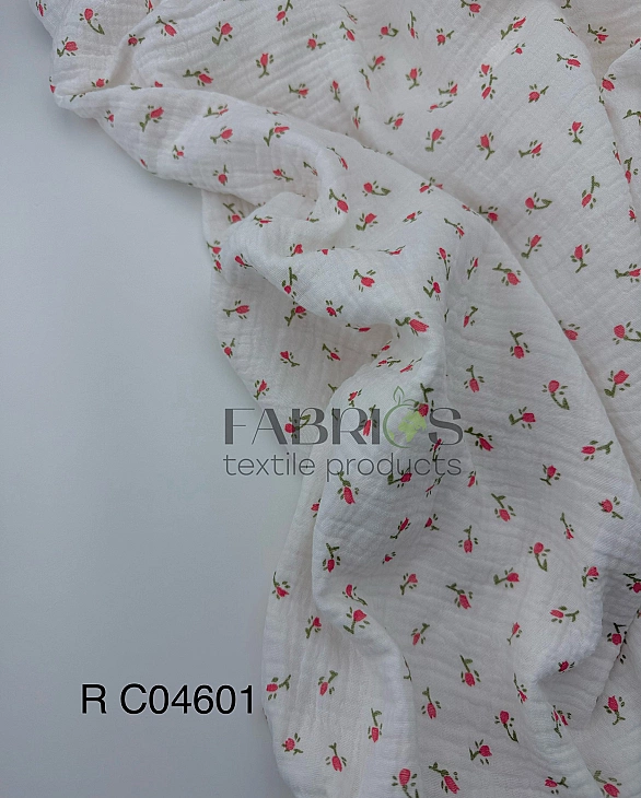 MR C04601 | RAINBOW-C04601 Муслін жатка 2-х шаровий принт квіти дрібні червоні на білому 100% бавовн
