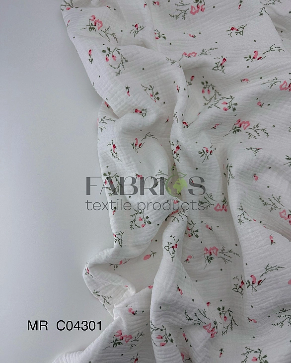 M 5002 C2 | MR C04301 | RAINBOW-C04301 Муслін жатка 2-х шаровий принт квіти прованс рожевий на молоч