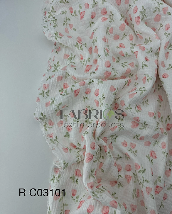 M 03101 C02 | RAINBOW-C03 Муслін жатка 2-х шаровий принт квіти дзвіночки рожеві на молочному 100% ба