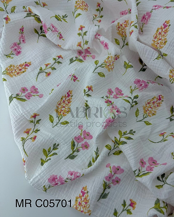 MR C05701 | RAINBOW-C05701 Муслін жатка 2-х шаровий принт квіти гліцинія кольорова на білому 100% ба