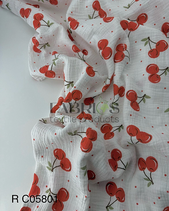 MR C05801 | RAINBOW-C05801 Муслін жатка 2-х шаровий принт фрукти,ягоди, овочі вишеньки червоні велик