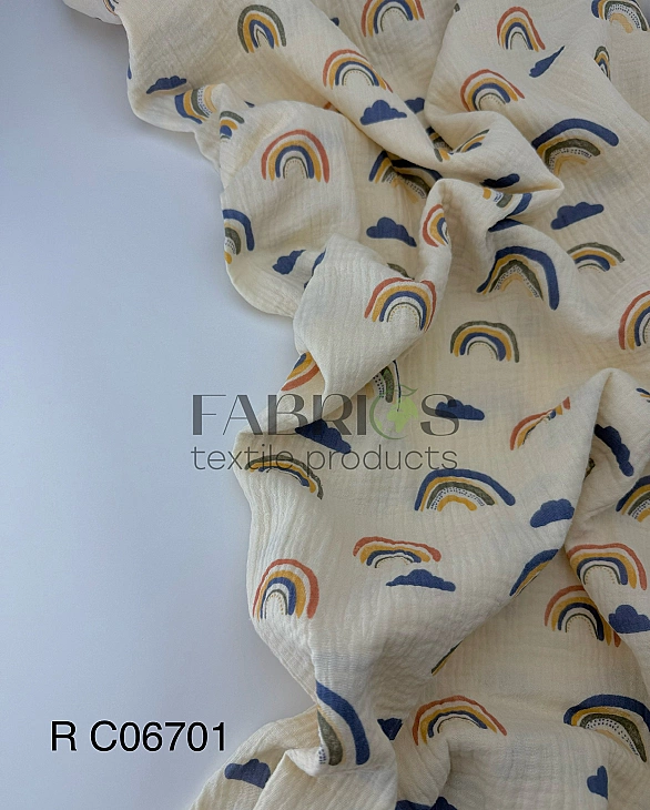 MR C06701 | RAINBOW-C06701 Муслін жатка 2-х шаровий принт дитячий веселки кольорові на айворі 100% б