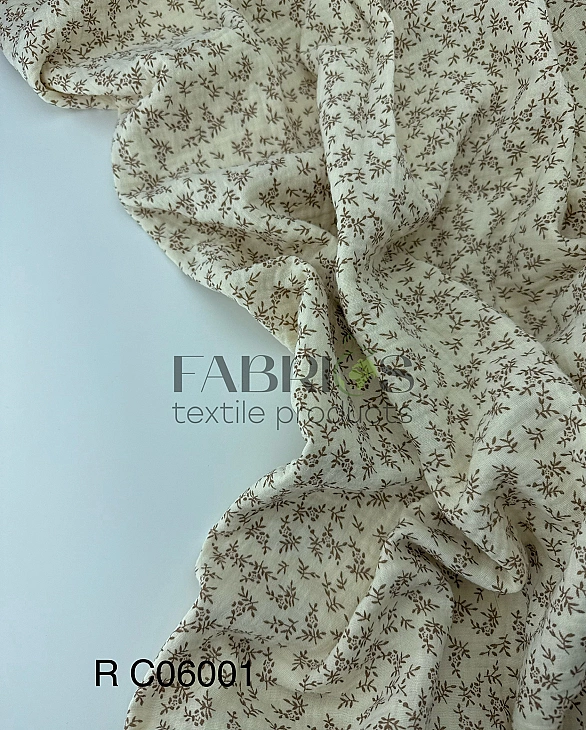 MR C06001 | RAINBOW-C06001 Муслін жатка 2-х шаровий принт квіти коричневі з гілочками на айворі 100%