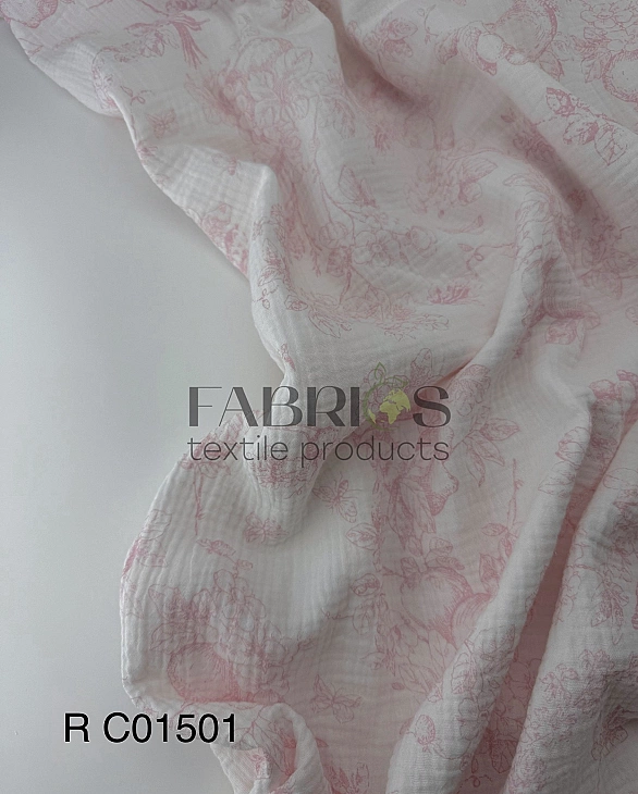 M 102 C2 Муслін жатка 2-х шаровий принт Діор етюди природи рожеві на молочному 100% бавовна 135-140