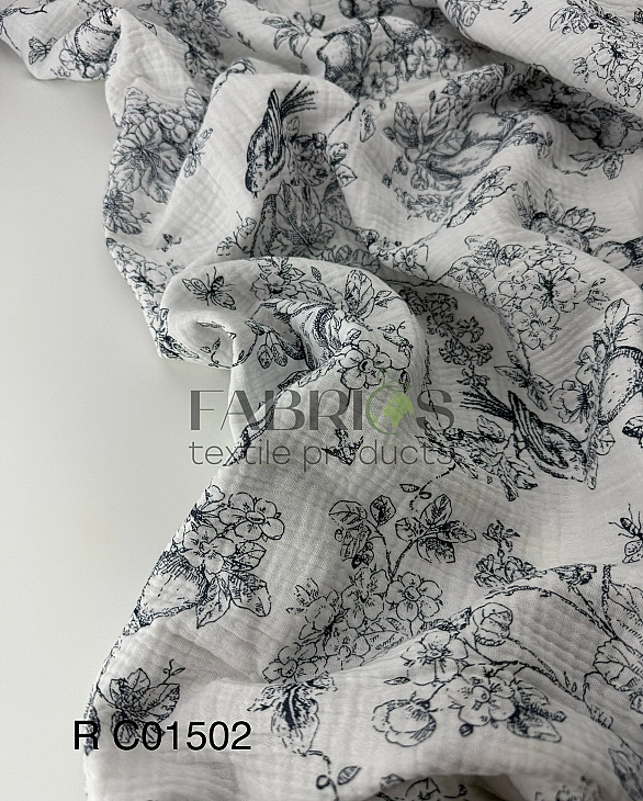 M 103 C2 Муслін жатка 2-х шаровий принт Діор етюди природи сині на молочному 100% бавовна 135-140 см