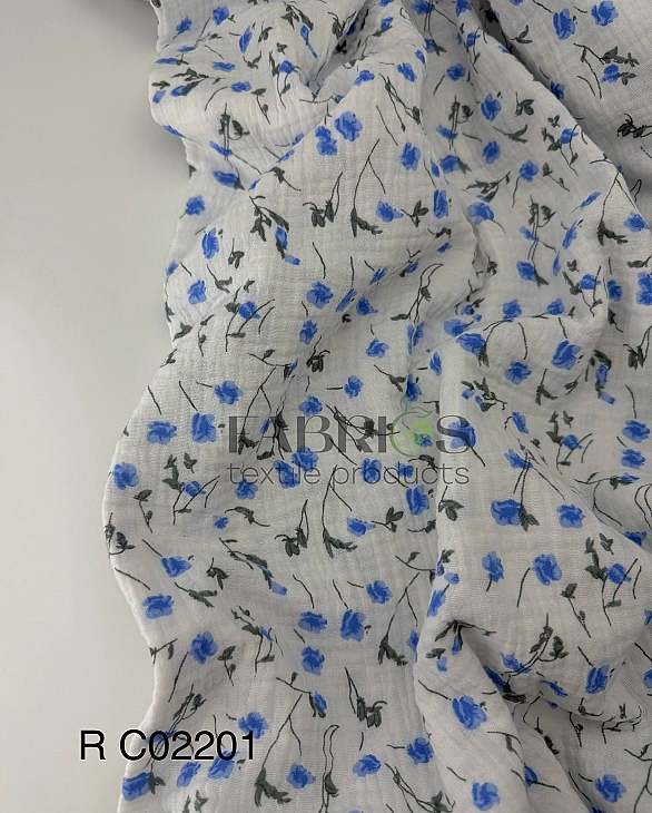 MR C02201 | RAINBOW-C02201 Муслін жатка 2-х шаровий принт квіти волошки дрібні сині на молочному 100