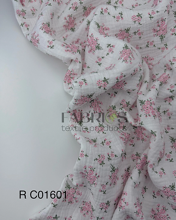 MR C01601 | RAINBOW-C01601 Муслін жатка 2-х шаровий принт квіти ромашки рожеві в букетах на білому 1