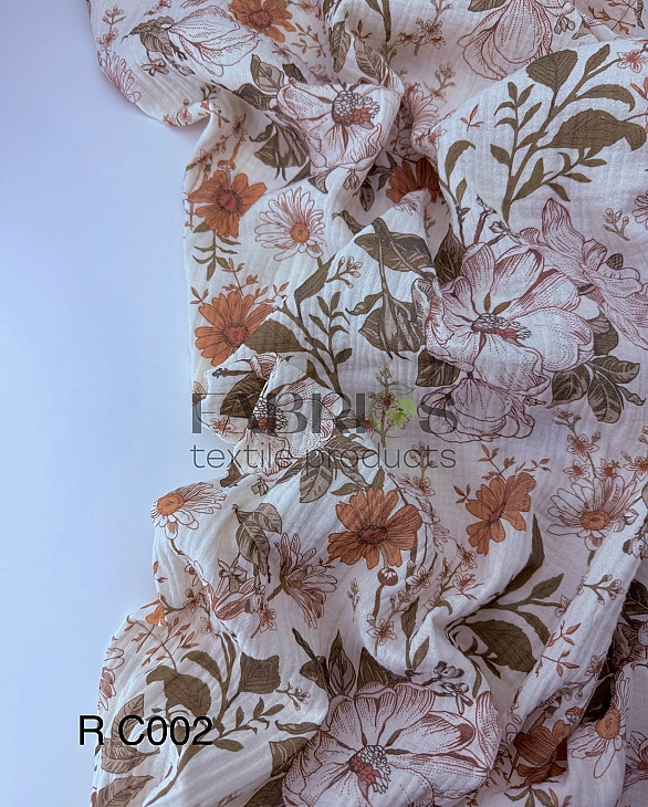 M 002 C03 | RAINBOW-C002 Муслін жатка 2-х шаровий принт квіти великі на айворі 100% бавовна 135-140