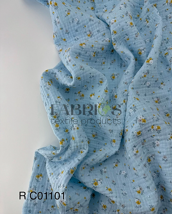 M 01101 C13 | RAINBOW-C01 Муслін жатка 2-х шаровий принт квіти дрібні букети на яскраво-блакитному 1