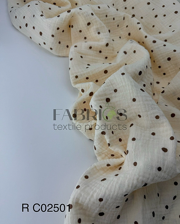 M 02501 C03 | RAINBOW-C02 Муслін жатка 2-х шаровий принт геометричний горошки коричневі на айворі 10