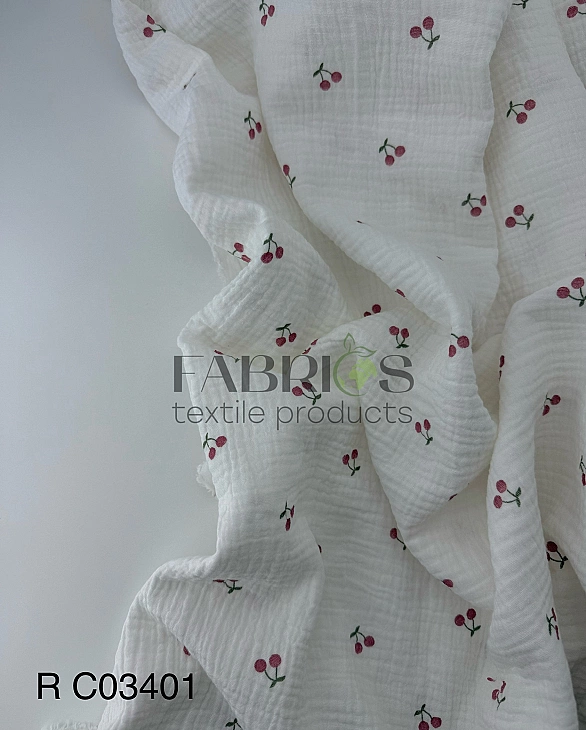 M 03401 C02 | RAINBOW-C03 Муслін жатка 2-х шаровий принт фрукти,ягоди, овочі вишеньки дрібні бордові