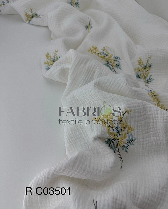 M 03501 C02 | RAINBOW-C03 Муслін жатка 2-х шаровий принт квіти гілочки мімози на молочному 100% баво