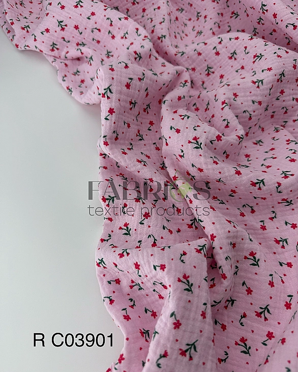 M 03901 C16 | RAINBOW-C03 Муслін жатка 2-х шаровий принт квіти дрібні червоні на світло-рожевому 100