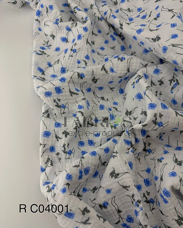 M 04001 C02 | RAINBOW-C04 Муслін жатка 2-х шаровий принт квіти волошки сині на молочному 100% бавовн