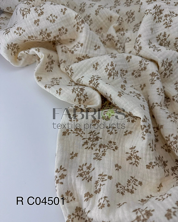 M 04501 C03 | RAINBOW-C04 Муслін жатка 2-х шаровий принт квіти листочки бежеві на айворі 100% бавовн