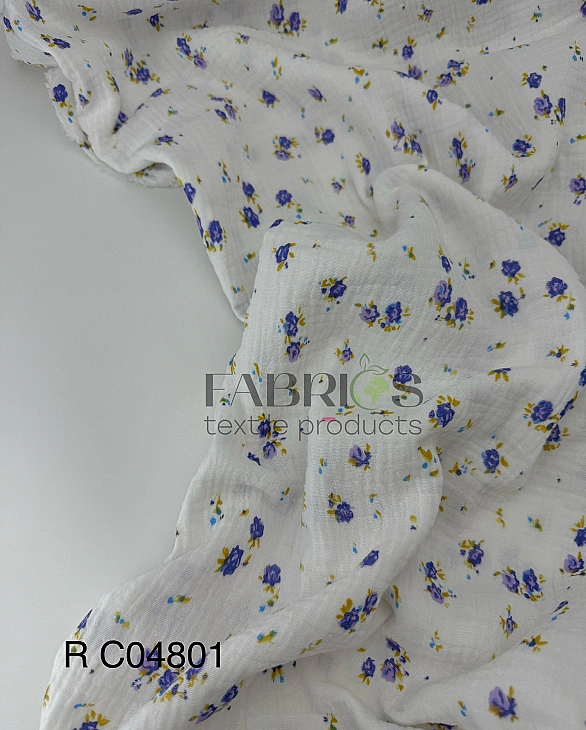 M 04801 C02 | RAINBOW-C04 Муслін жатка 2-х шаровий принт квіти бутони фіолетові на молочному 100% ба