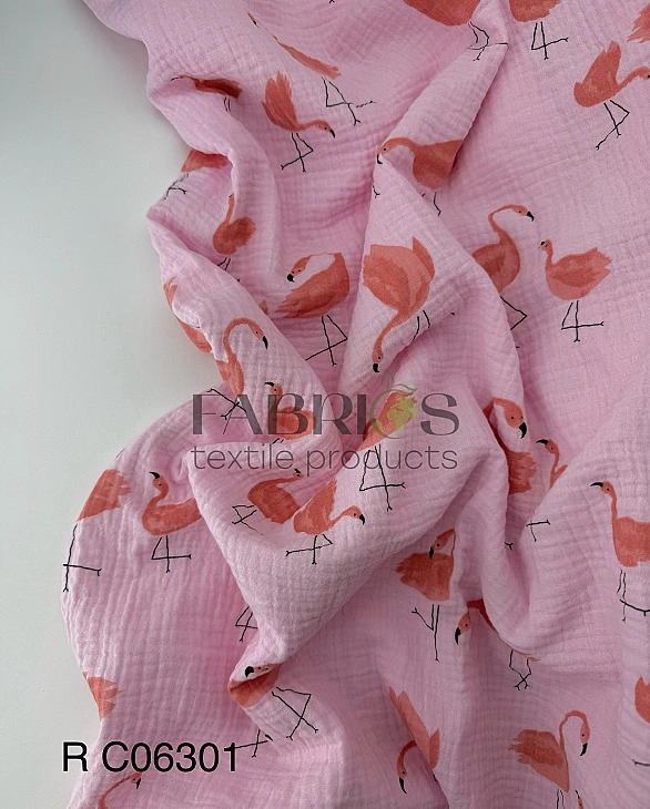 C06301 | RAINBOW-C06301 | Муслін жатка 2-х шаровий принт звірята фламінго на світло-рожевому 100% ба