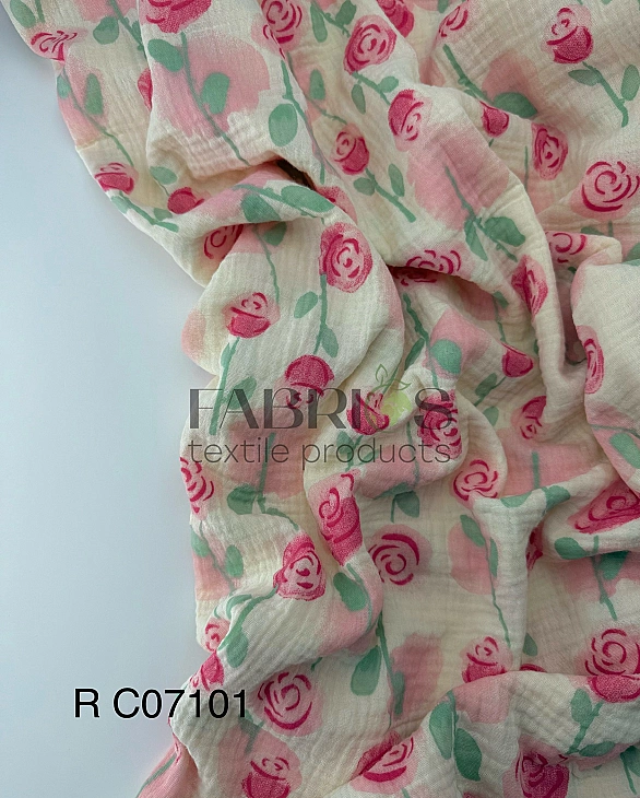 M 07101 C03 | RAINBOW-C07 Муслін жатка 2-х шаровий принт квіти троянди рожево-червоні на айворі 100%