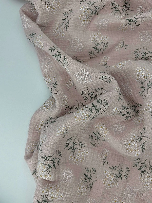 M16C5 Муслін жатка 2-х шаровий принт квіти мімози на бежево-пудровому 100% бавовна 135-140 см 125-13