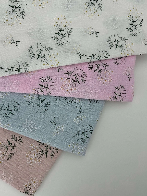 M16C5 Муслін жатка 2-х шаровий принт квіти мімози на бежево-пудровому 100% бавовна 135-140 см 125-13