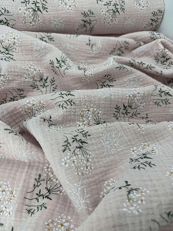 M16C5 Муслін жатка 2-х шаровий принт квіти мімози на бежево-пудровому 100% бавовна 135-140 см 125-13