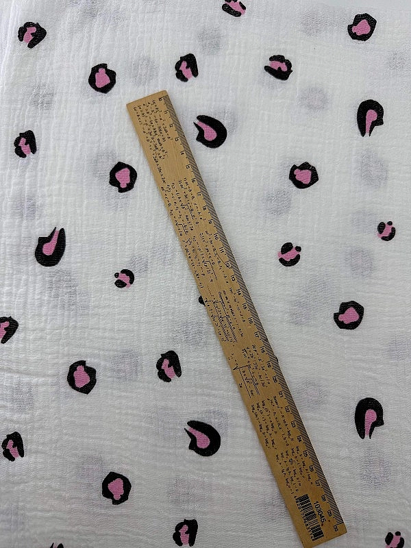 M17C2 | MUSLIN PRINTING-M17C2 Муслін жатка 2-х шаровий принт цятки леопард чорно-рожеві на молочному