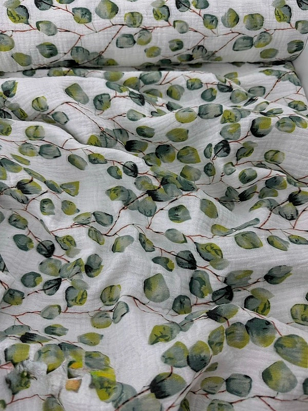 STAR-80005 Муслін жатка 2-х шаровий принт рослинний листочки евкаліпта на білому 100% бавовна 135-14