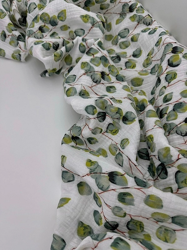 STAR-80005 Муслін жатка 2-х шаровий принт рослинний листочки евкаліпта на білому 100% бавовна 135-14
