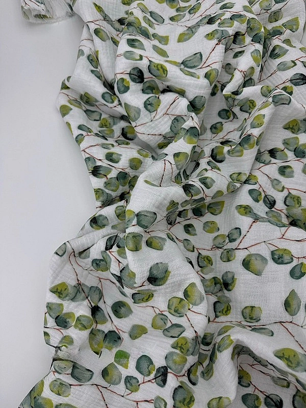 STAR-80005 Муслін жатка 2-х шаровий принт рослинний листочки евкаліпта на білому 100% бавовна 135-14