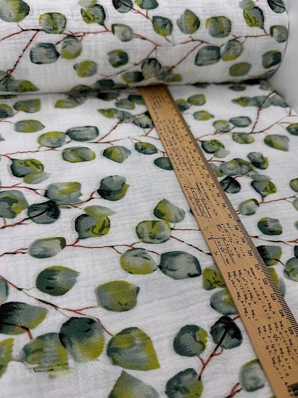 STAR-80005 Муслін жатка 2-х шаровий принт рослинний листочки евкаліпта на білому 100% бавовна 135-14
