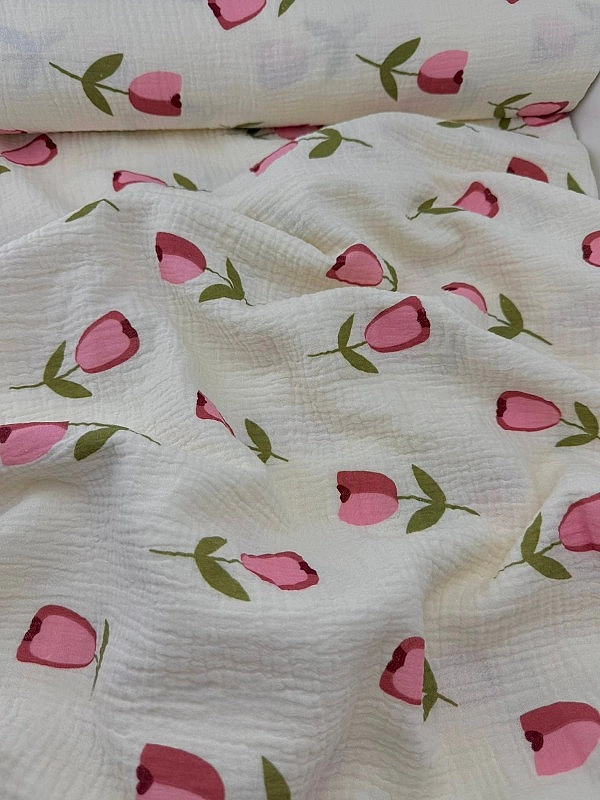 STAR-80007 Муслін жатка 2-х шаровий принт квіти тюльпани великі на айворі 100% бавовна 135-140 см 12