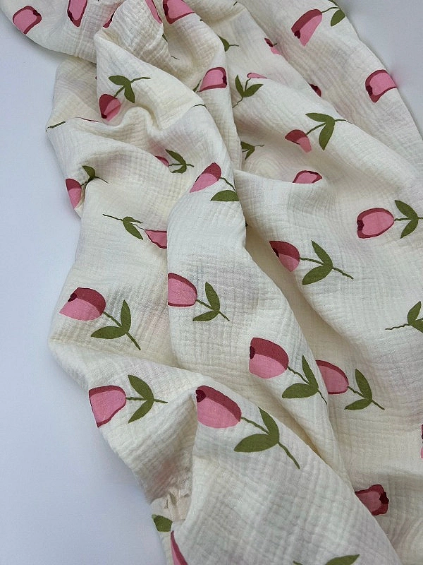 STAR-80007 Муслін жатка 2-х шаровий принт квіти тюльпани великі на айворі 100% бавовна 135-140 см 12