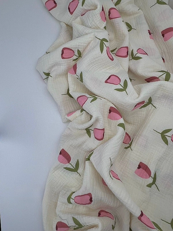 STAR-80007 Муслін жатка 2-х шаровий принт квіти тюльпани великі на айворі 100% бавовна 135-140 см 12