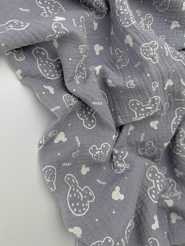 M-11/D-29-50 Муслін жатка 2-х шаровий принт звірята Міккі Мауси на сірому 100% бавовна 135-140 см 12