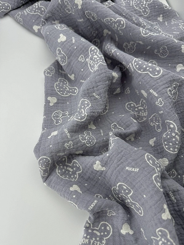 M-11/D-29-50 Муслін жатка 2-х шаровий принт звірята Міккі Мауси на сірому 100% бавовна 135-140 см 12