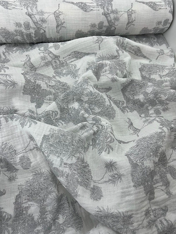 M 101 C2 Муслін жатка 2-х шаровий принт Діор Сафарі сірий на молочному 100% бавовна 135-140 см 125-1