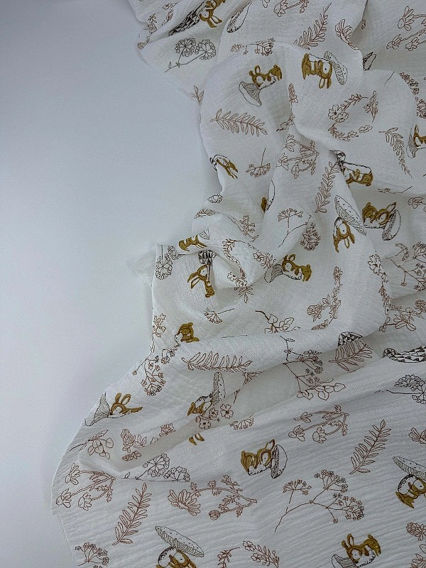 MINT-14 Муслін жатка 2-х шаровий принт звірята зайчата, грибочки, гілочки на молочному 100% бавовна