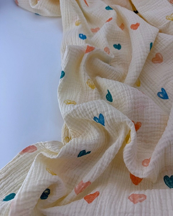 RAINBOW-C06102 Муслін 2-х шаровий принт LOVE сердечки великі акварельні різнокольорові на айворі 100