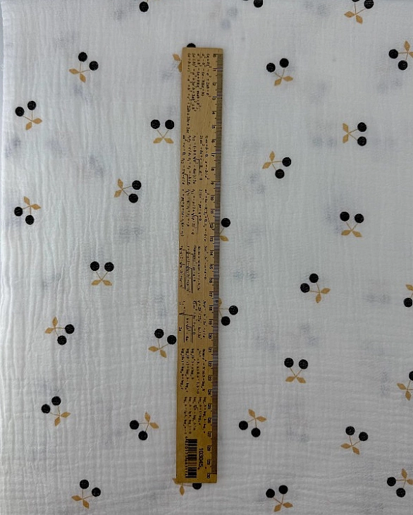 M 40040 C2 Муслін 2-х шаровий принт фрукти,ягоди, овочі вишеньки чорні на молочному 100% бавовна 135