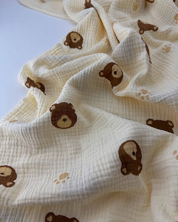 M 2038 C3 Муслін 2-х шаровий принт звірята ведмедик з лапкою на світло-бежевому 100% бавовна 160 см