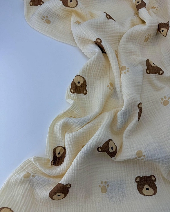 M 2038 C3 Муслін 2-х шаровий принт звірята ведмедик з лапкою на світло-бежевому 100% бавовна 160 см