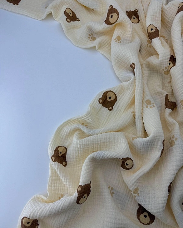 M 2038 C3 Муслін 2-х шаровий принт звірята ведмедик з лапкою на світло-бежевому 100% бавовна 160 см